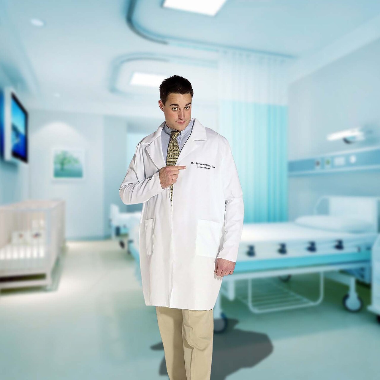 Funny Lab Coat Costume with Hilarious Doctor Seymour Bush Name Tag